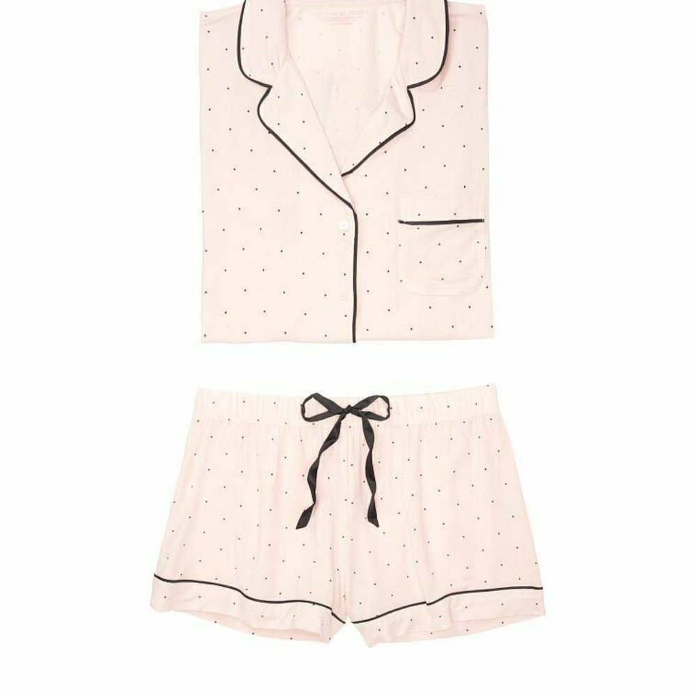Victoria's Secret Modal Pajama PJ Set Pink/ Black Dot L NWT